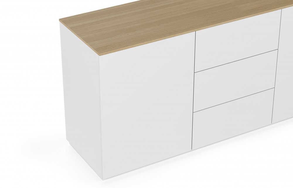 Buffet WHITY 2 blanc mat 180cm 2 portes/3 tiroirs Plateau en bois de chêne clair
